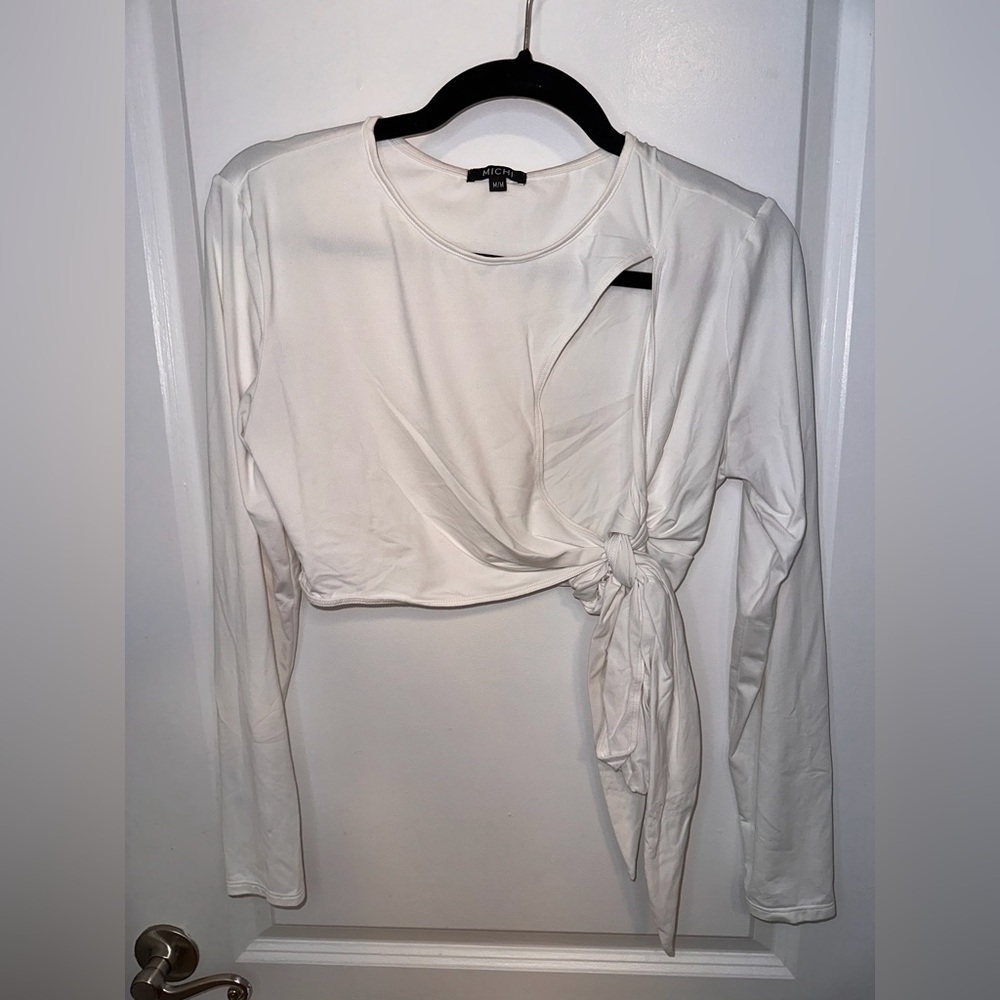 MICHI Cream Long Sleeve faux wrap Tie-Front Top